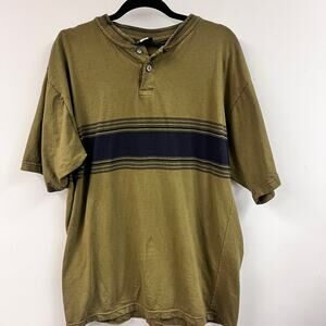 Men's L Vintage 1990's Henley short sleeve Metro One Olive Green Tee 100% Cotton